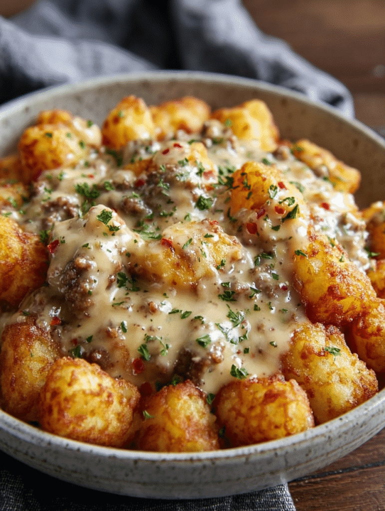 Tater Tot Breakfast Bowl with Sausage Gravy is Irresistible! 4 0 2