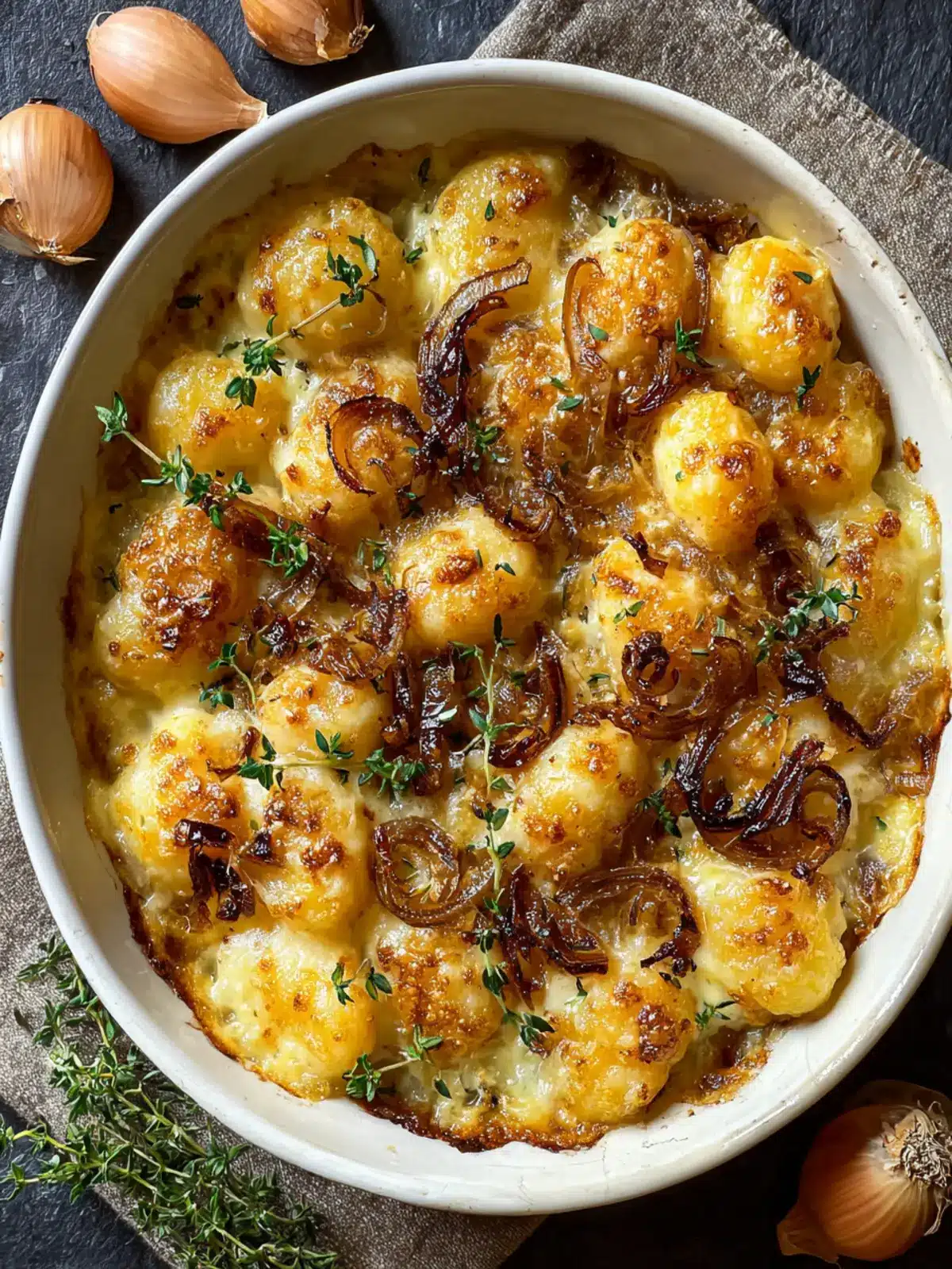 Savory French Onion Gnocchi Bake: Indulgent Comfort Dish 7 Savory French Onion Gnocchi Bake with Golden Caramelized Onions Third Image kmzjdv