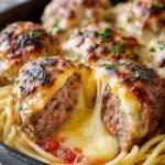 Cheese-Stuffed Meatball Bombs (Over Spaghetti) Delight! 3 Cheese-Stuffed Meatball Bombs (Over Spaghetti)