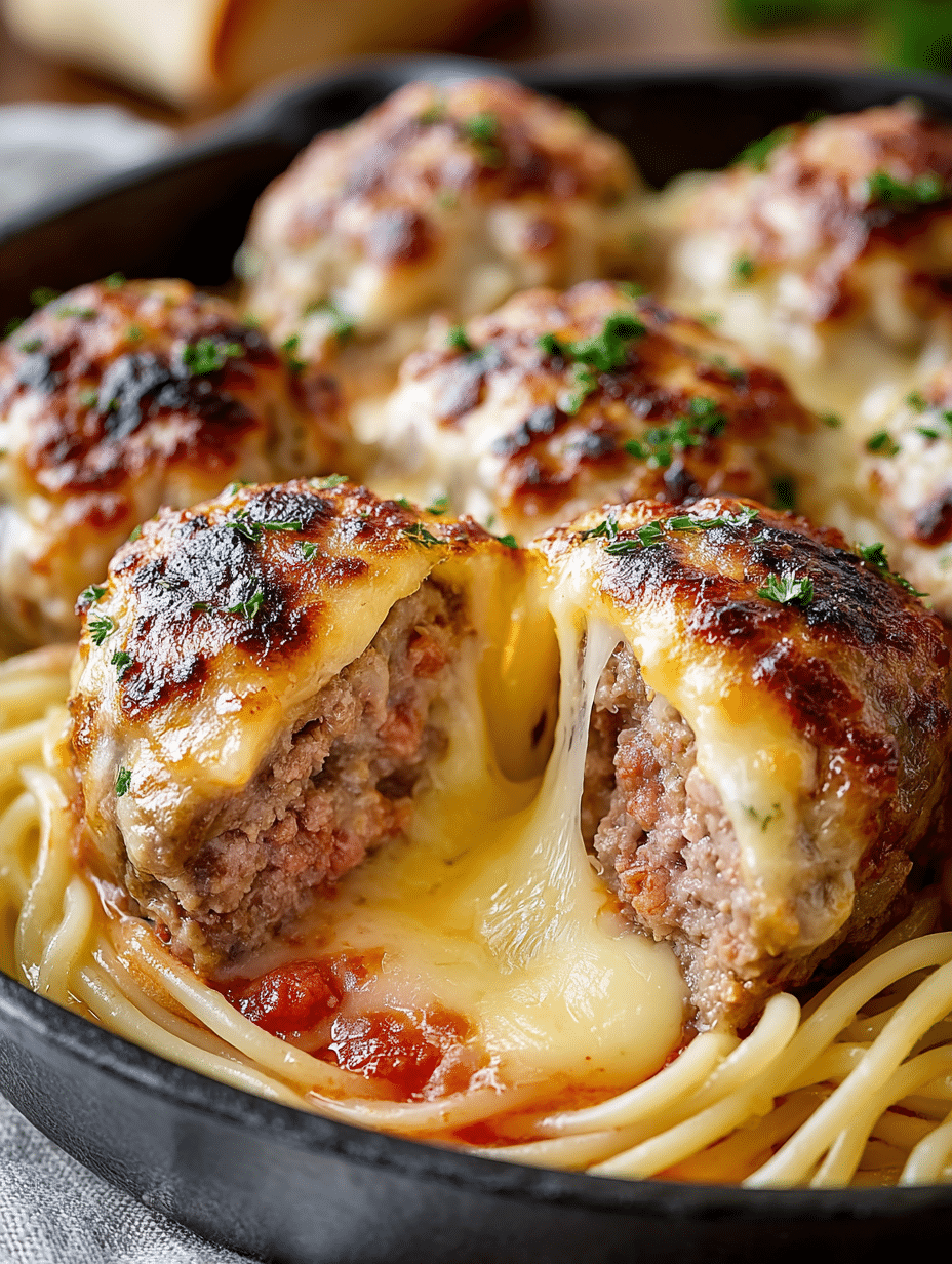 Cheese-Stuffed Meatball Bombs (Over Spaghetti)