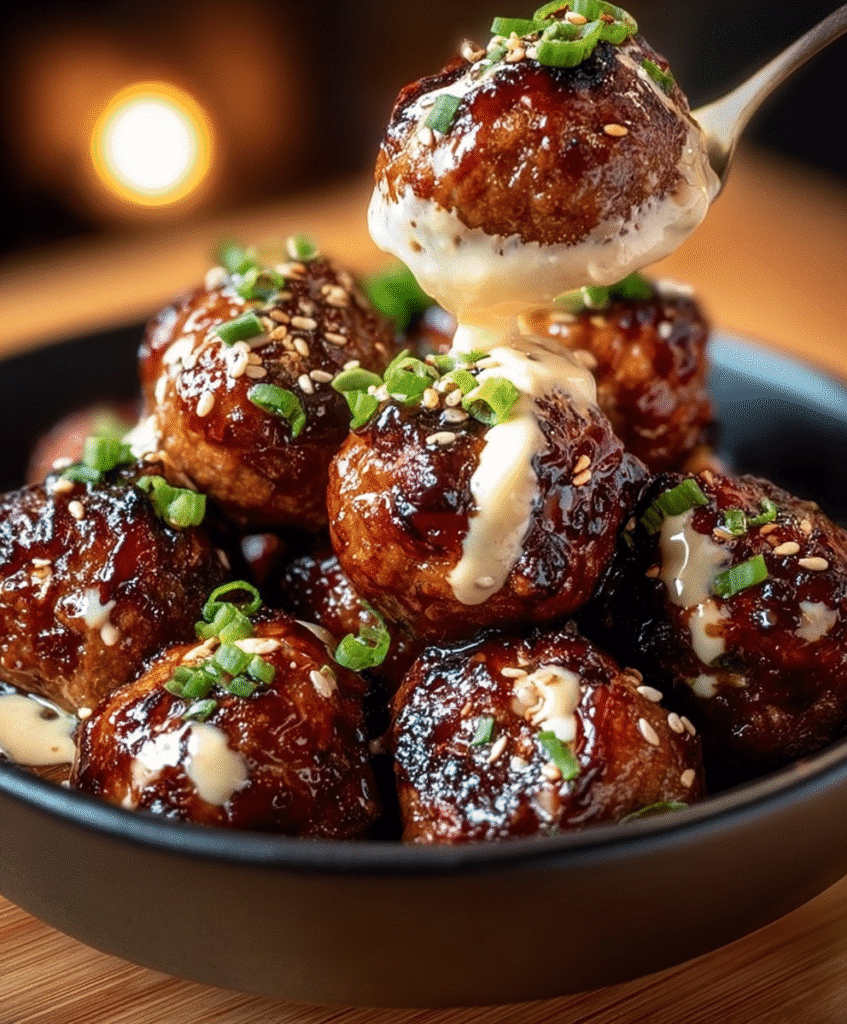 Korean BBQ Meatballs with Spicy Mayo Dip