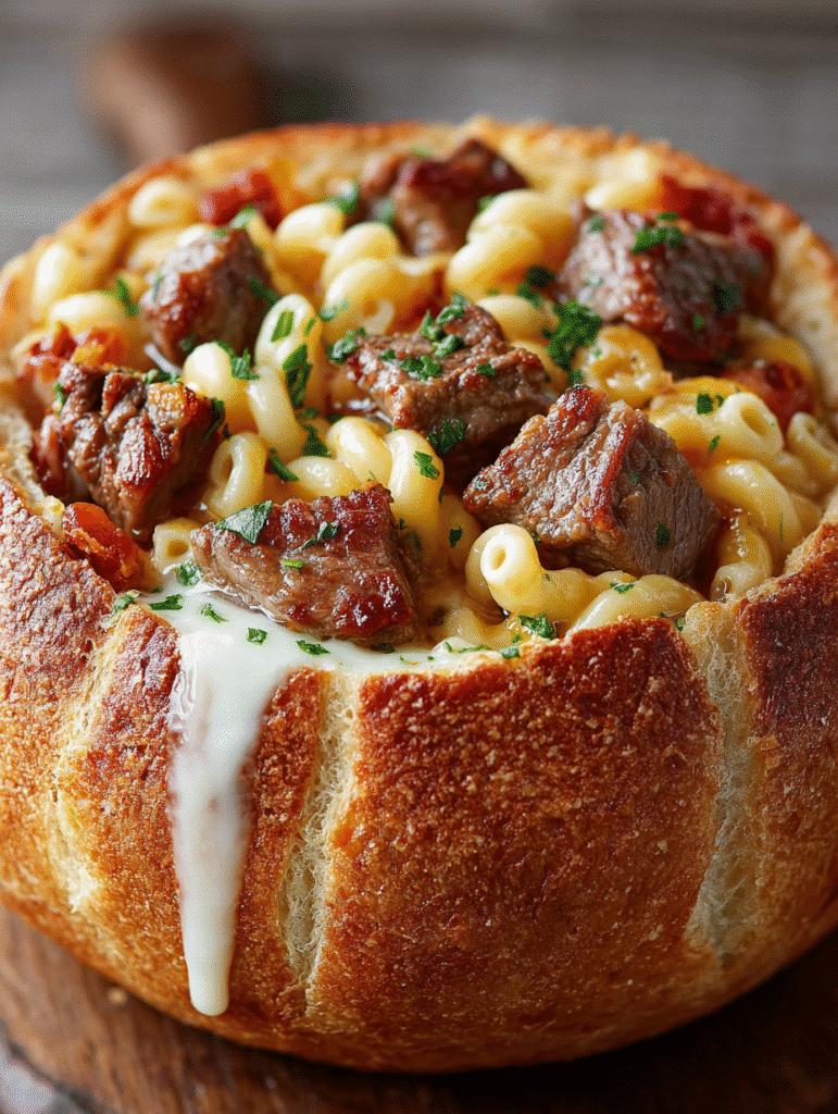 Mega Stuffed Ramen Bread Bowl (Cheesy Steak Mac Fusion)