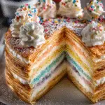 Mille-Crêpes Cake with Neon Rainbow Swirl Layers awaits! 3 Mille-Crêpes Cake with Neon Rainbow Swirl Layers (Whipped Cream Fantasy)