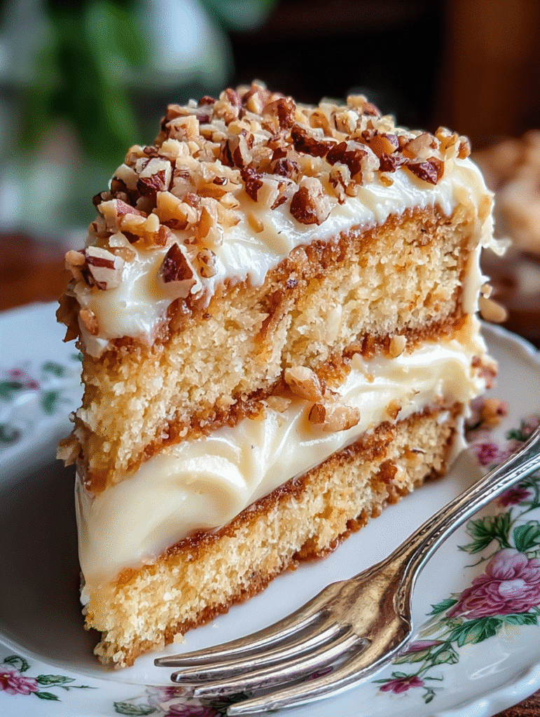 Granny’s Buttery Layer Cake with Vanilla Cream Frosting & Toasted Pecans