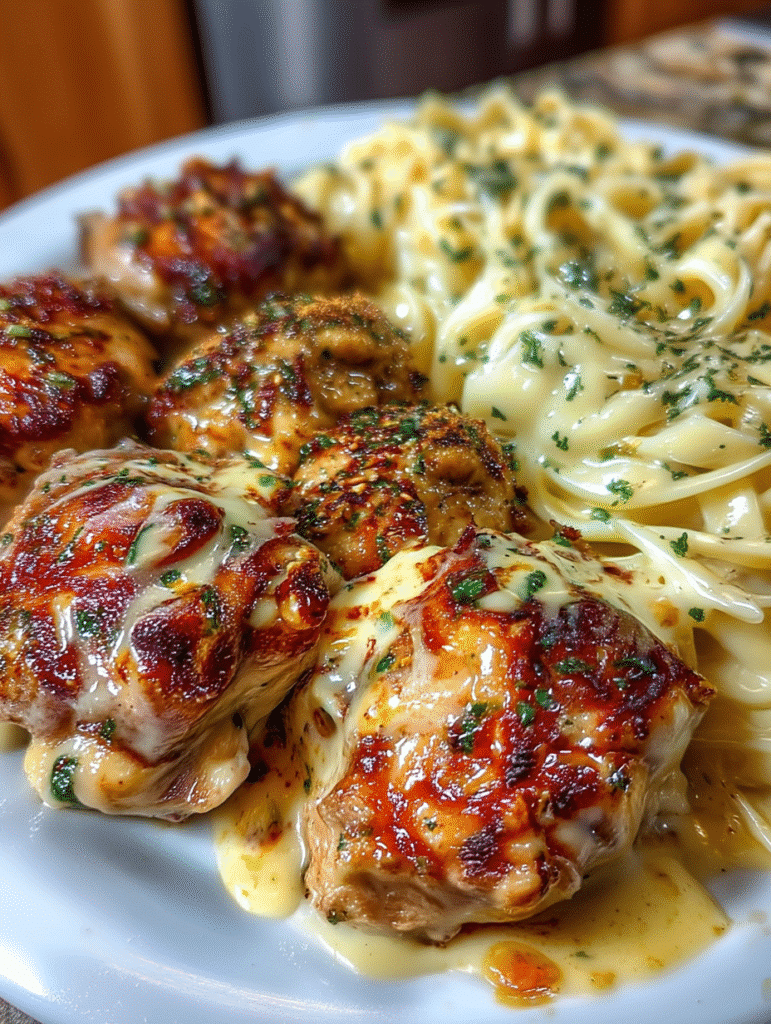 Honey Garlic Chicken Meatballs with Creamy Alfredo Fettuccine