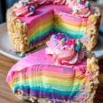 No-Bake Rainbow Cheesecake with Rice Krispies Crust delights! 3 No-Bake Rainbow Cheesecake with Rice Krispies Crust