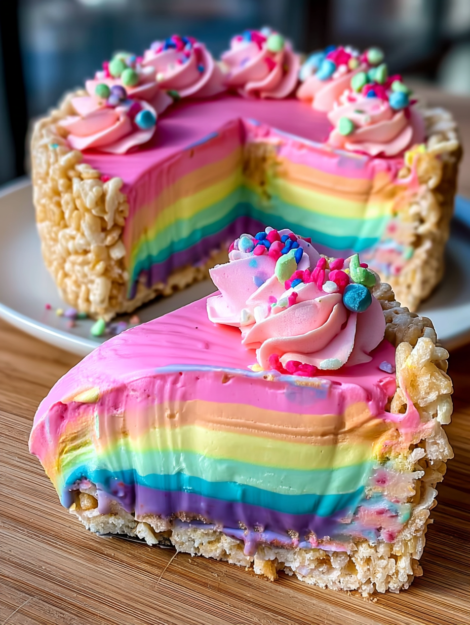 No-Bake Rainbow Cheesecake with Rice Krispies Crust