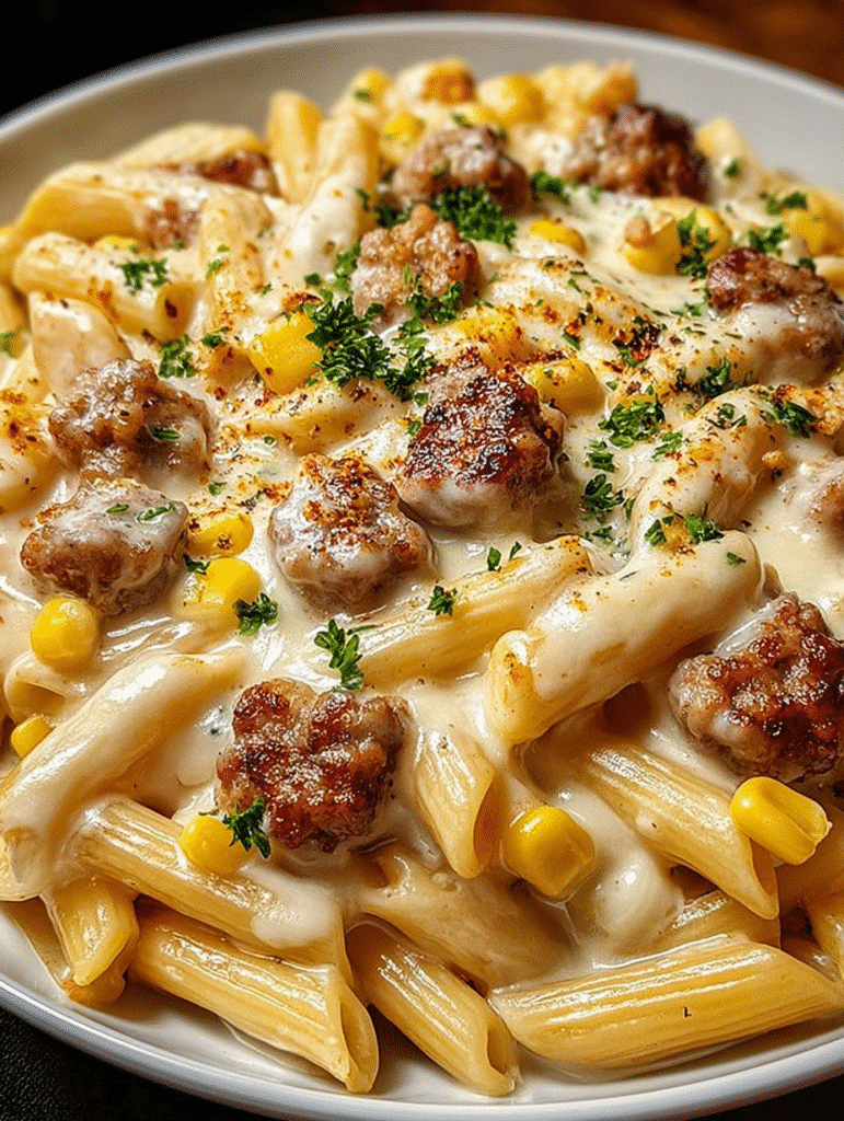 Creamy Corn Sausage Penne Bake
