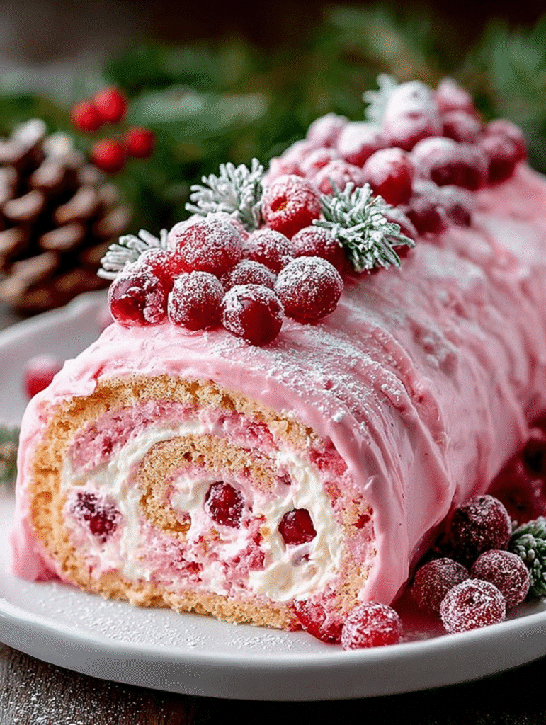 Frosted Cranberry Pink Yule Log (Bûche de Noël Rose aux Canneberges)