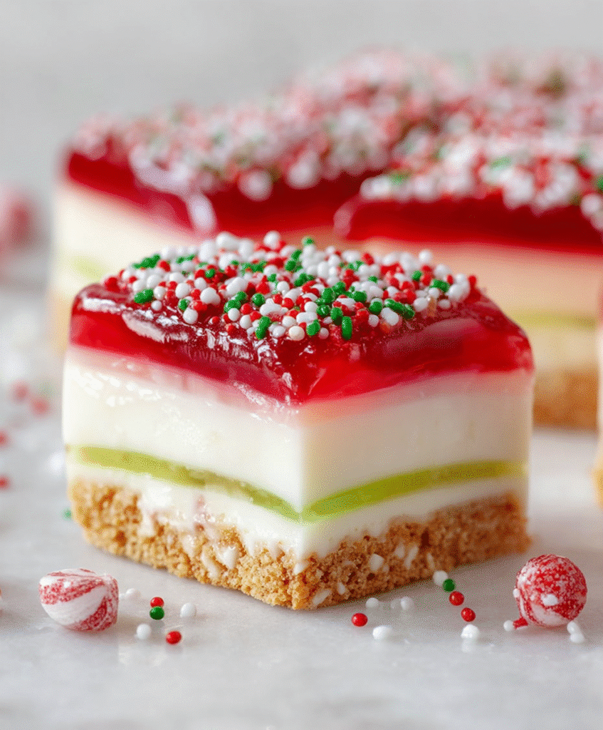 Holiday Jello Ribbon Cheesecake Squares