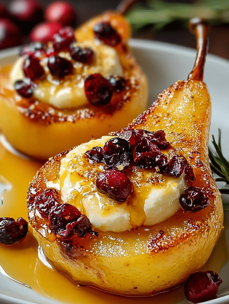 Honey-Roasted Pears with Mascarpone and Cranberry Drizzle