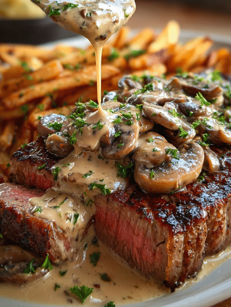 Steak with Creamy Garlic Mushroom Sauce