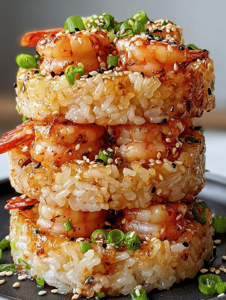 Sticky Sesame Shrimp Rice Stacks