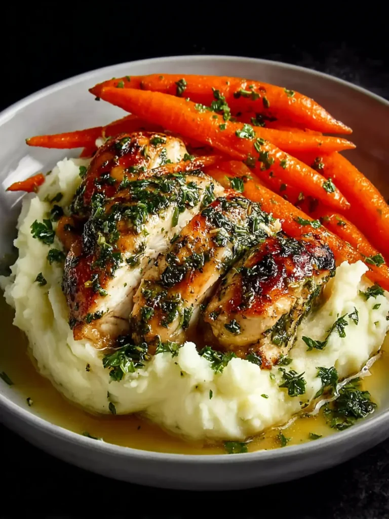 Garlic Herb Chicken with Mashed Potatoes and Glazed Carrots First Image
