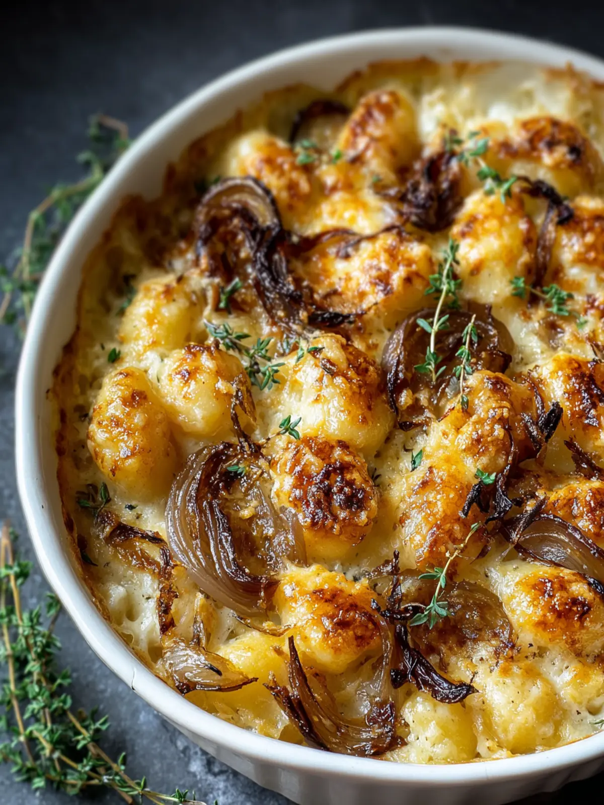 Savory French Onion Gnocchi Bake: Indulgent Comfort Dish 5 Savory French Onion Gnocchi Bake with Golden Caramelized Onions First Image